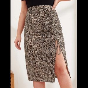 Shein Curve Ruched Drawstring Split Leopard Skirt